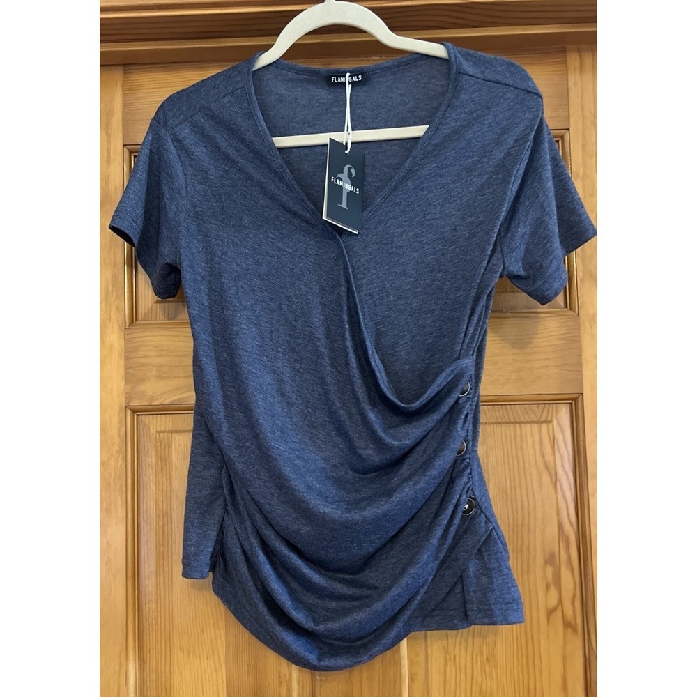 Flamingals Women's Shirt Blue Side Buttons with Rouche Sz Medium